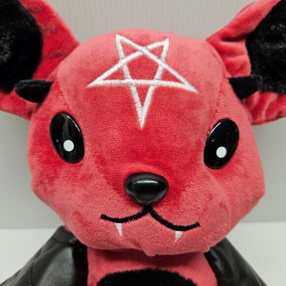 Red Goth Bat Plush Toy With Star Embroidery and Black Leatherette Wings - Picture 5 of 5